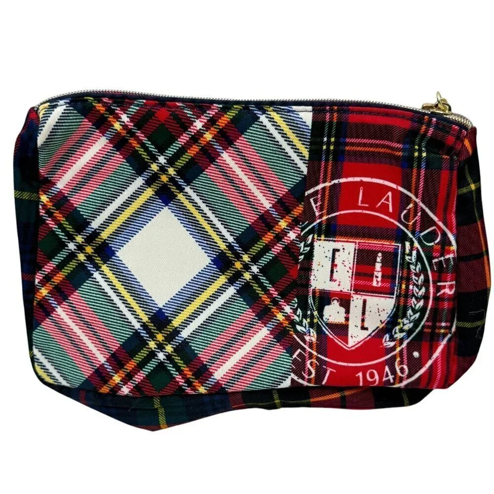 ESTEE LAUDER Preppy Plaid Cosmetic Bag Fabric Zip Pouch NWOT